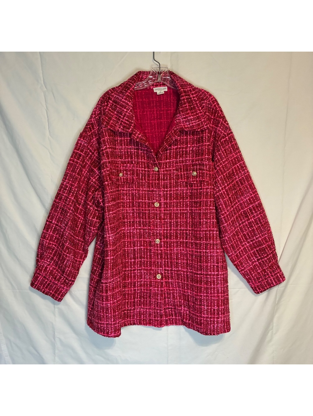 Chic Soul Plus Size Hot Pink Plaid Tweed Button Front Shacket Jacket size 1X